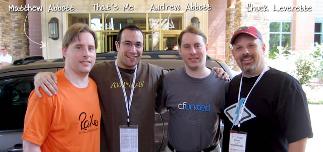 Ben Nadel at CFUNITED 2009 (Lansdowne, VA) with: Matthew Abbott, Andrew Abbott, and Chuck Leverette