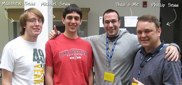 Ben Nadel at CFinNC 2009 (Raleigh, North Carolina) with: Matthew Senn, Michael Senn, and Phillip Senn