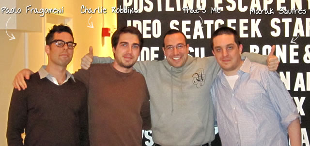 Ben Nadel at Node.js Training with Nodejitsu (Apr. 2011) with: Paolo Fragomeni and Charlie Robbins and Marak Squires