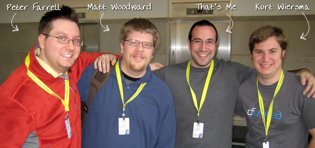 Ben Nadel at BFusion / BFLEX 2009 (Bloomington, Indiana) with: Peter Farrell, Matt Woodward, and Kurt Wiersma
