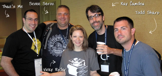Ben Nadel at CFUNITED 2010 (Landsdown, VA) with: Scott Stroz, Vicky Ryder, Ray Camden, and Todd Sharp