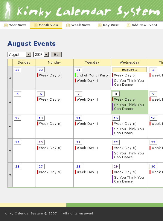 Kinky ColdFusion Calendar System - Color Coding Events