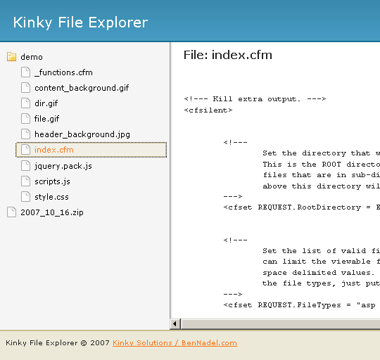 Kinky File Explorer - ColdFusion And jQuery File Explorer