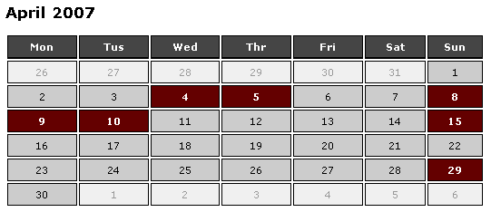 Simple ColdFusion Calendar Month With Monday As First Day