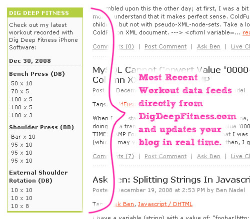 Dig Deep Fitness Blog WIdget Publishes Latest Workout From iPhone Fitness Training Log Software.