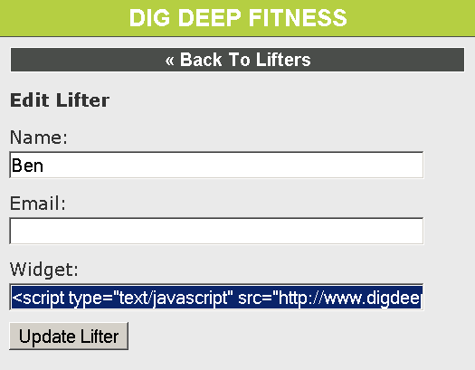 Dig Deep Fitness Lifters Edit Page Had Blog Widget JavaScript Code Ready For Copy-n-Pasting.
