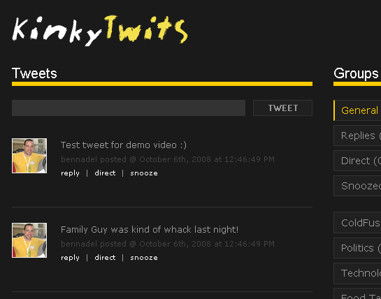 KinkyTwits - ColdFusion And jQuery Powered Twitter Client By Kinky Solutions.