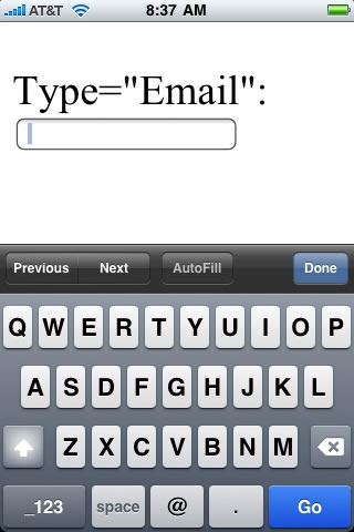 Using Type = Email Defaults The iPhone Keyboard To The Email Keyboard.