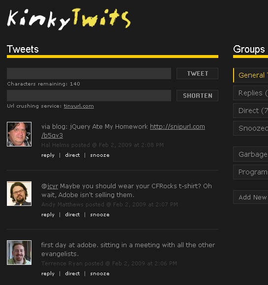 KinkyTwits - Free ColdFusion And jQuery Powered Twitter Client.