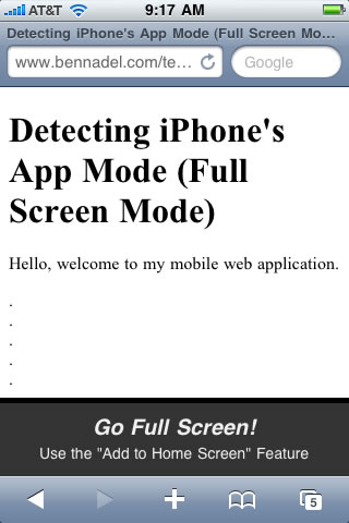 Detecting iPhone's App Mode (Full Screen Mode) And Sugesting To The User That They Go Full Screen.