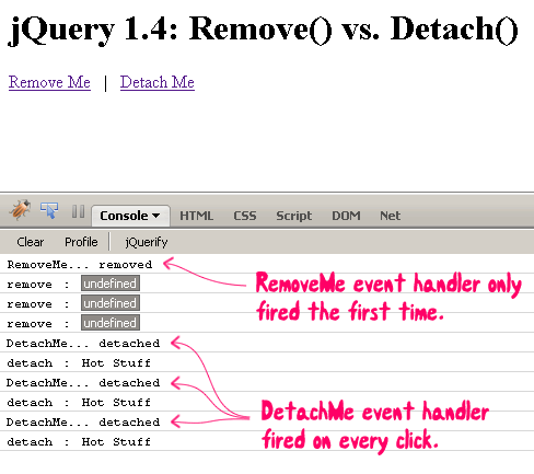 Learning jQuery 1.4: Remove() vs. Detach().