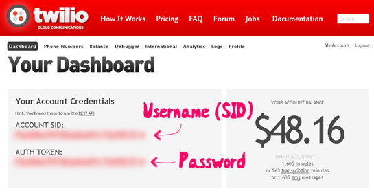 Twilio Username (SID) And Password (Auth Token) Are Provided On Your Twilio Dashboard.