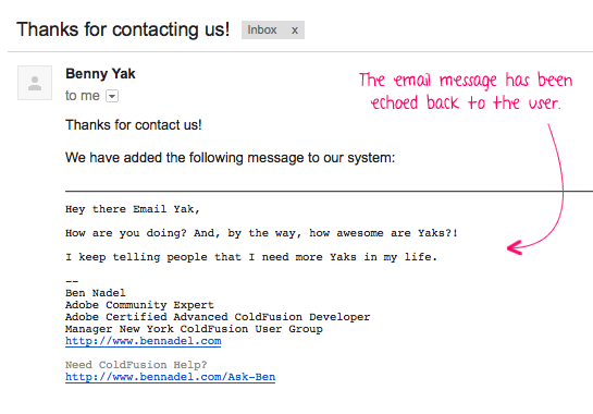 Email data provided by Email Yak is echoed back to the user using the Email Yak JSON API.