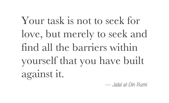 Your task is not to seek for love, but merely to seek and find all the barriers within yourself that you have built against it. -- Jalal al-Din Rumi.