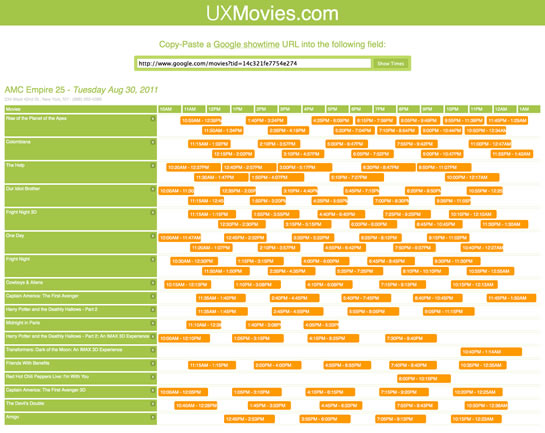 UXMovies.com takes Google Movie showtimes and plots them on a gantt-chart-like visual in order to present movies show times in a visual manner. 