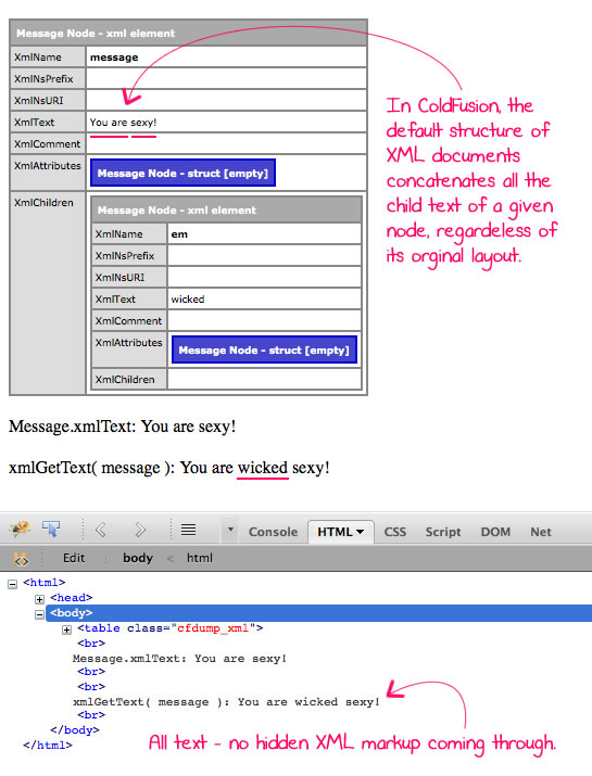 Gathering the text nodes of a ColdFusion XML document using xmlSearch() and xmlGetText().