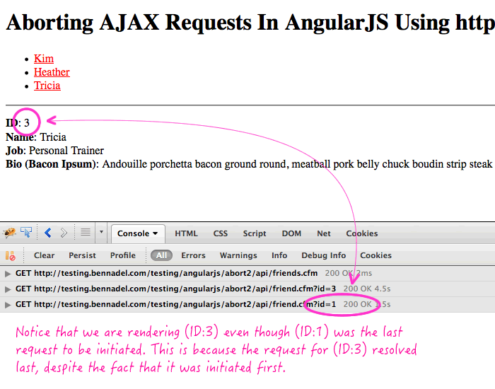 Aborting AJAX requests in AngularJS can be important or your View-Model may be left in an unexpected state.