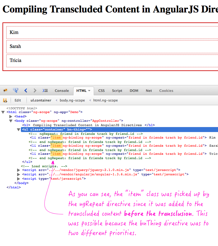 Compile transcluded content in AngularJS directive, before content is transcluded.