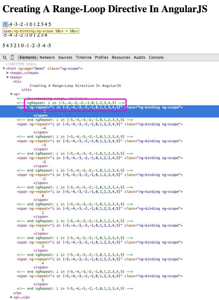 Creating a range-loop directive in AngularJS by compiling down to a native ngRepeat directive.