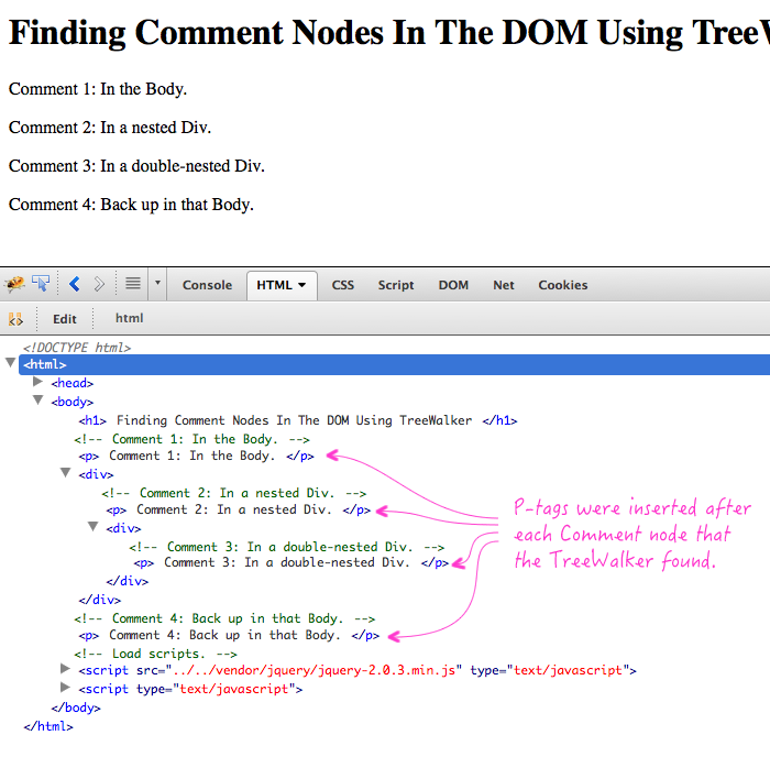 Using the TreeWalker to find comments in a DOM.