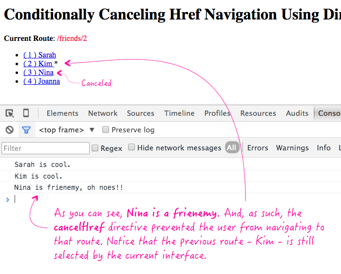 Conditionally canceling href navigation using directives in AngularJS.