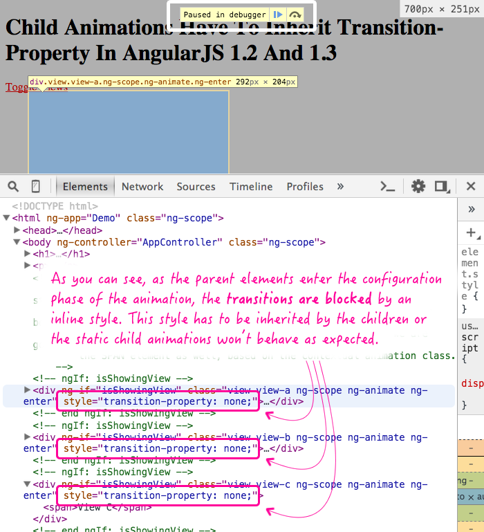 AngularJS 1.2 and ngAnimate inject transition-property: none when blocking configuration-phase animations.