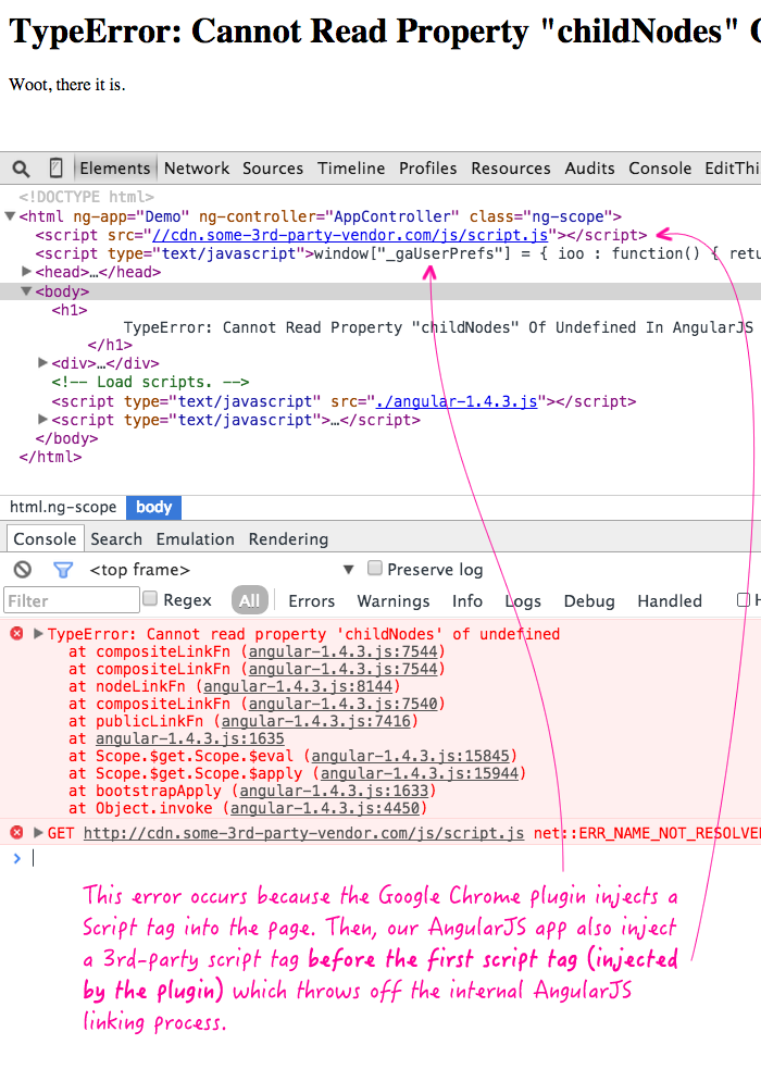 TypeError: Cannot read property childNodes of undefined in AngularJS application.