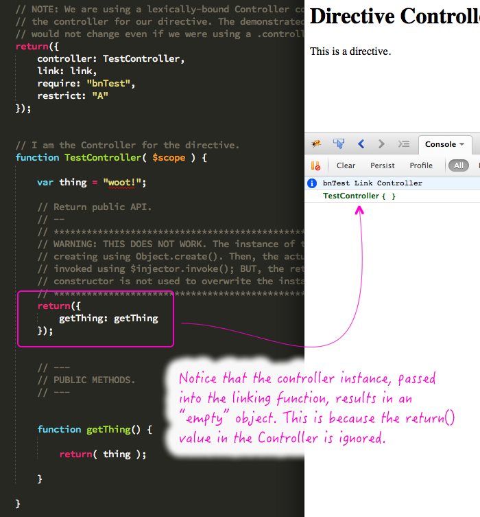 Directive controller cannot use the revealing module pattern in AngularJS.