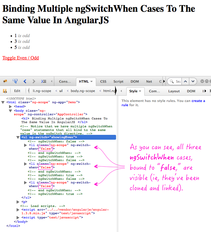 Binding multiple ngSwitchWhen directives to the same value in the context of a single ngSwitch directive.