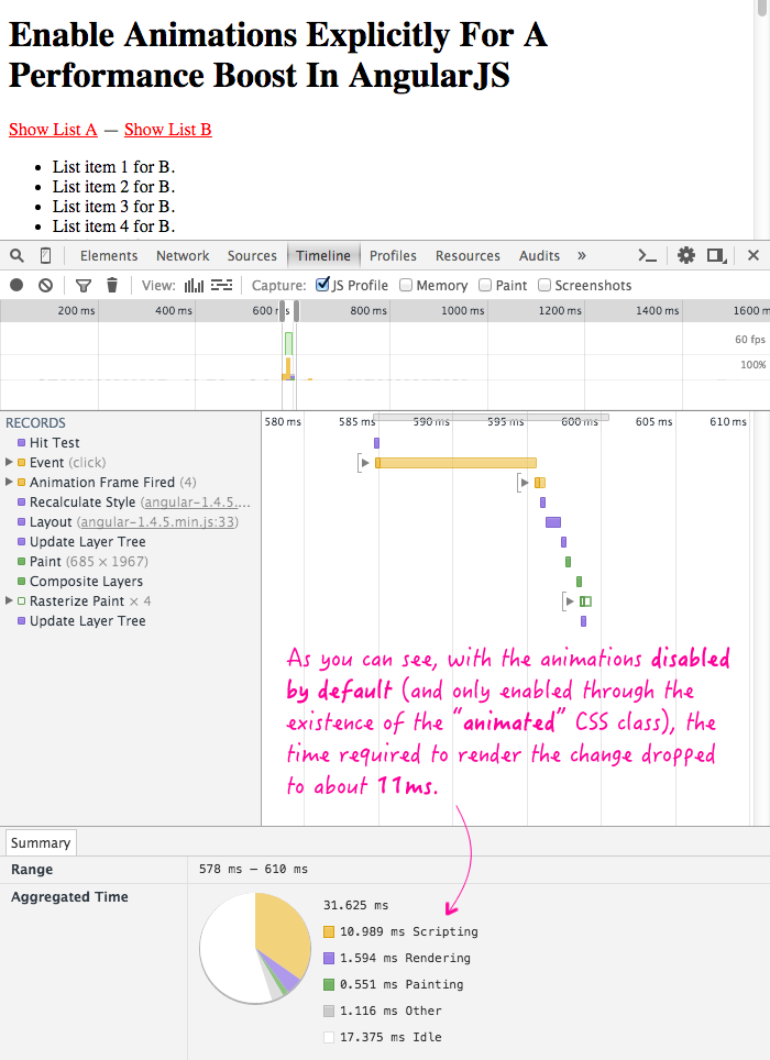 Disabling the default behavior of ngAnimate reduces processing time by an order of magnitude.