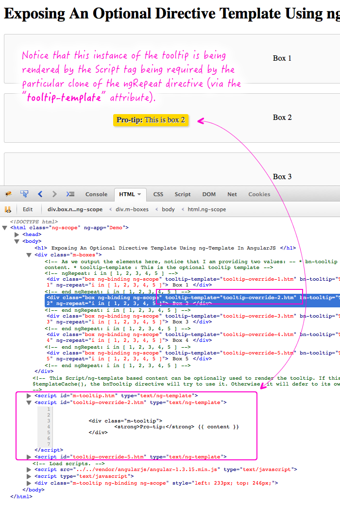 Exposing an optional directive template using ng-template and the $templateCache() in AngularJS.