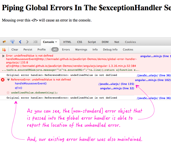 Piping global errors into the $exceptionHandler service in AngularJS.