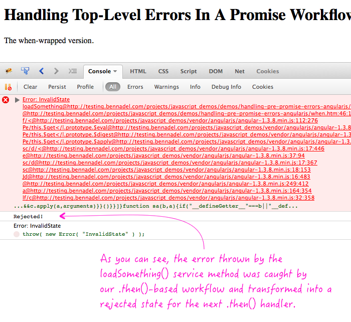 Handling top-level errors in a promise-based workflow in AngularJS.