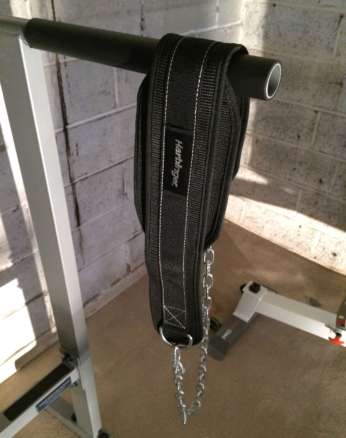 Building a home gym - harbinger dip belt.