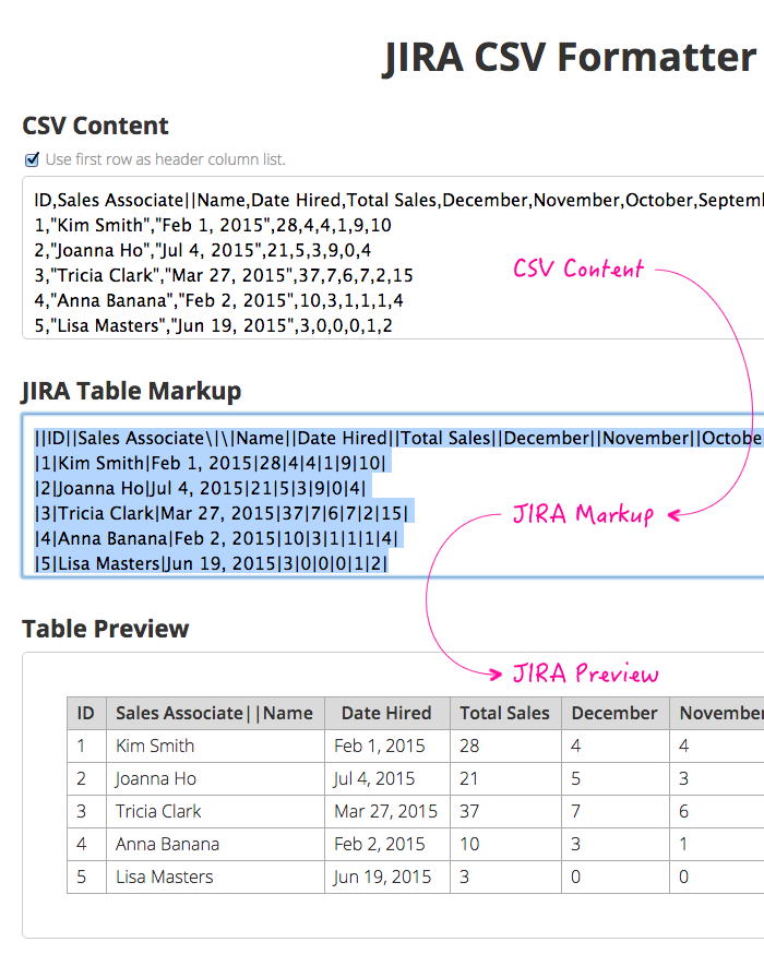 Formatting JIRA csv tables using AngularJS and Plupload.