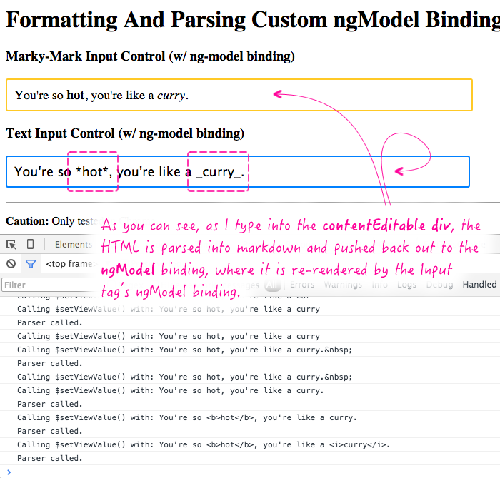 Using the ng-model and ngModelController to implement a super simple markdown editor in AngularJS.