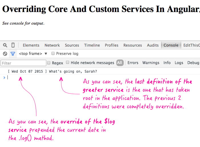 Overriding both core and custom services in AngularJS.