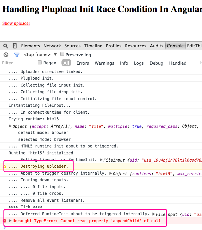 Plupload uploader race condition in init script in AngularJS.