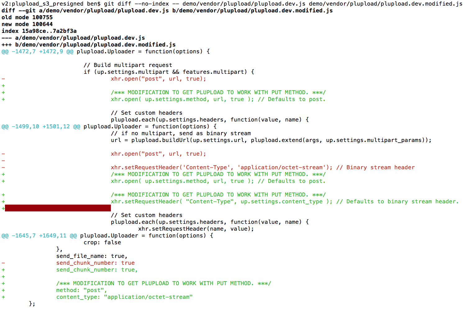 Git-diff for patch file that allows Plupload to use PUT method.