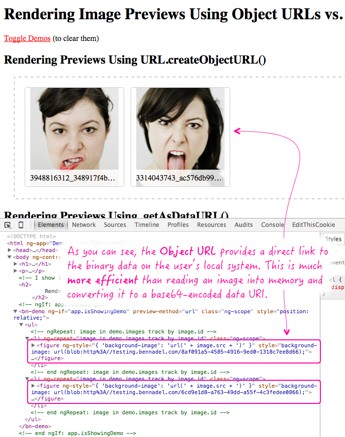 Rendering client-side image previews using object URLs and base64 data URIs.