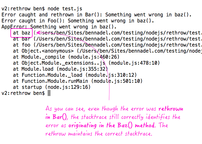 Rethrowing error objects in JavaScript and Node.js.