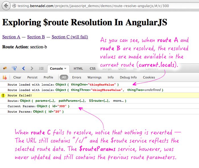 Exploring route resolution in AngularJS and how the $route service is updated upon failure.