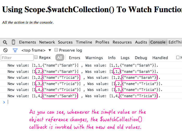 Watching an array literal with Scope.$watchCollection() in AngularJS.