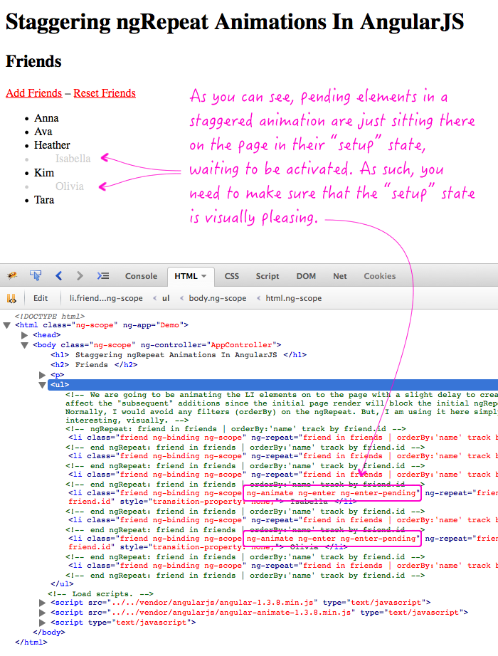 Stagging ngRepeat animations in AngularJS put the cloned elements in a pending state, but don't delay the linking phase.