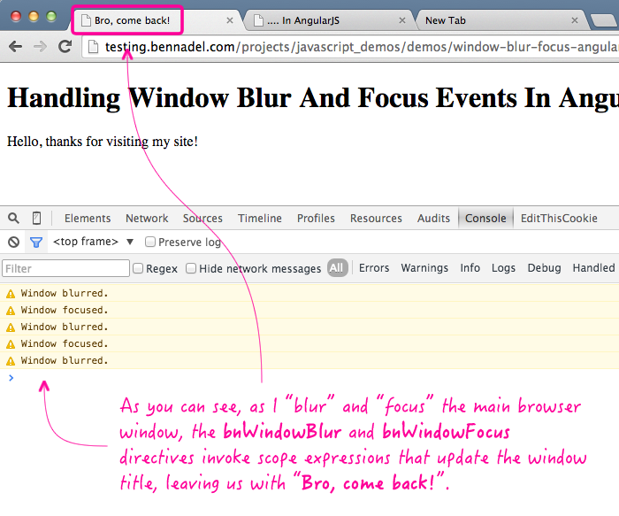 Handling window blur and focus events in an AngularJS application.