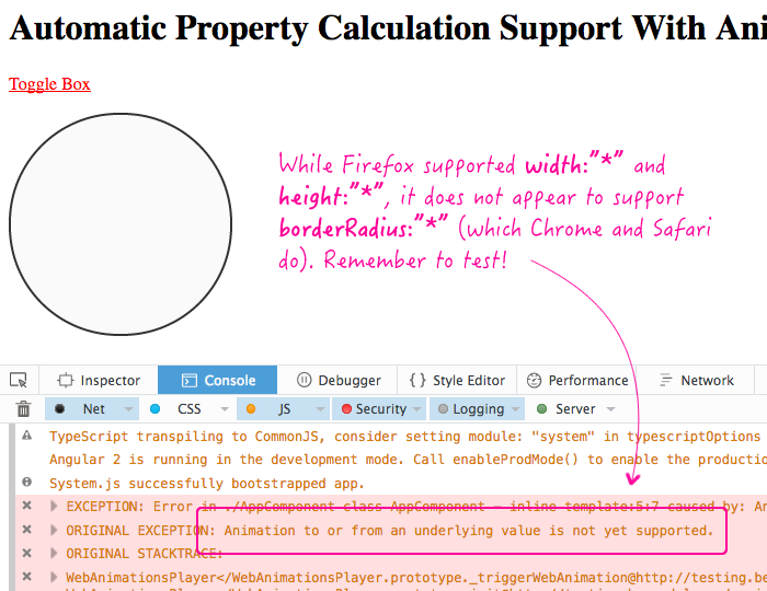 Automatic property calculation support in Angular 2 RC 6 web animations need to be tested across browsers.