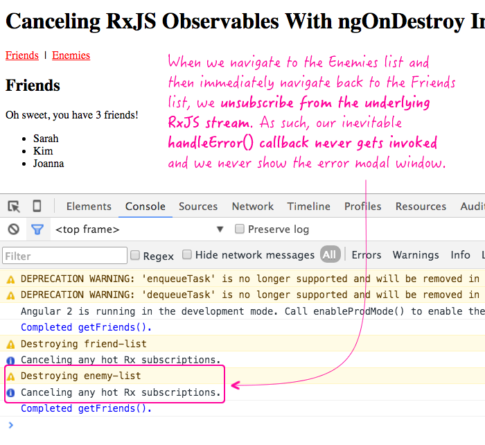 Canceling an RxJS observable stream using ngOnDestroy in Angular 2 Beta 6.