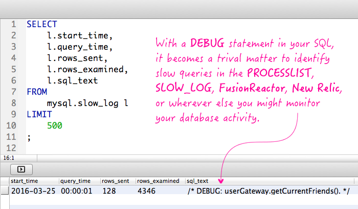 Adding DEBUG comments to your SQL significantly helps debugging performance problems.