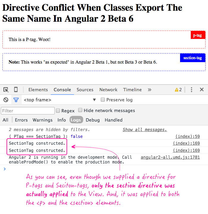 Directives conflict when two directives with the same exported class name are used in the same view in Angular 2 Beta 6.