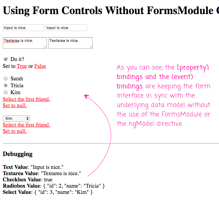 Using form controls without ngModel in Angular 2.